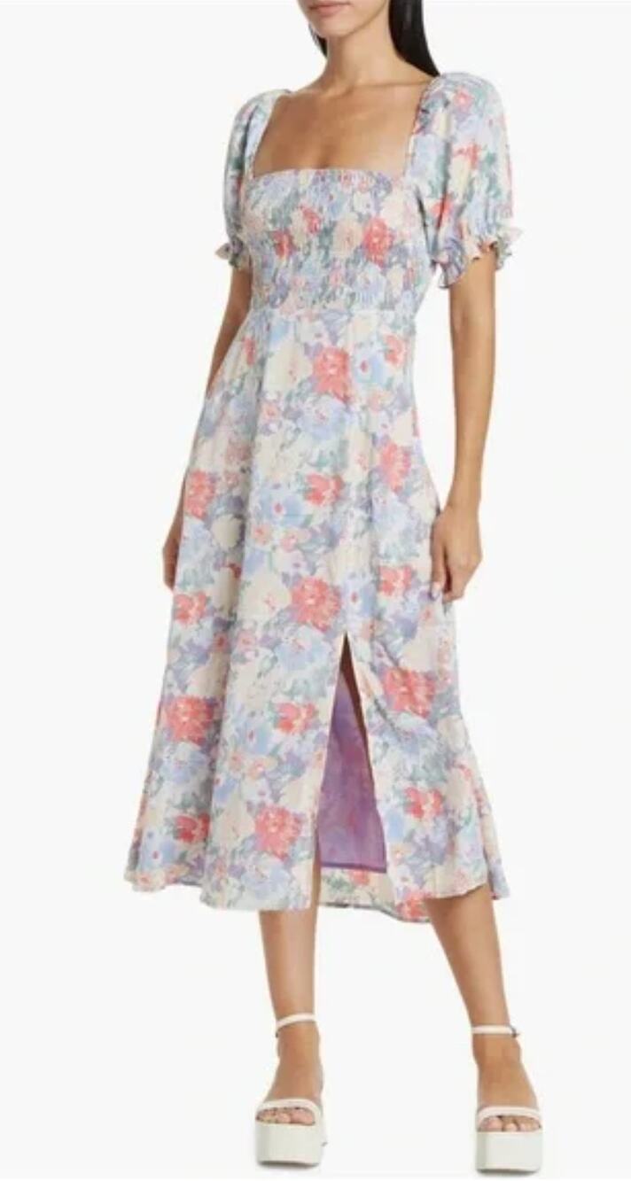 Astr Puff Sleeve Smocked Bust Midi Pastel Print Floral Dress Size Small
